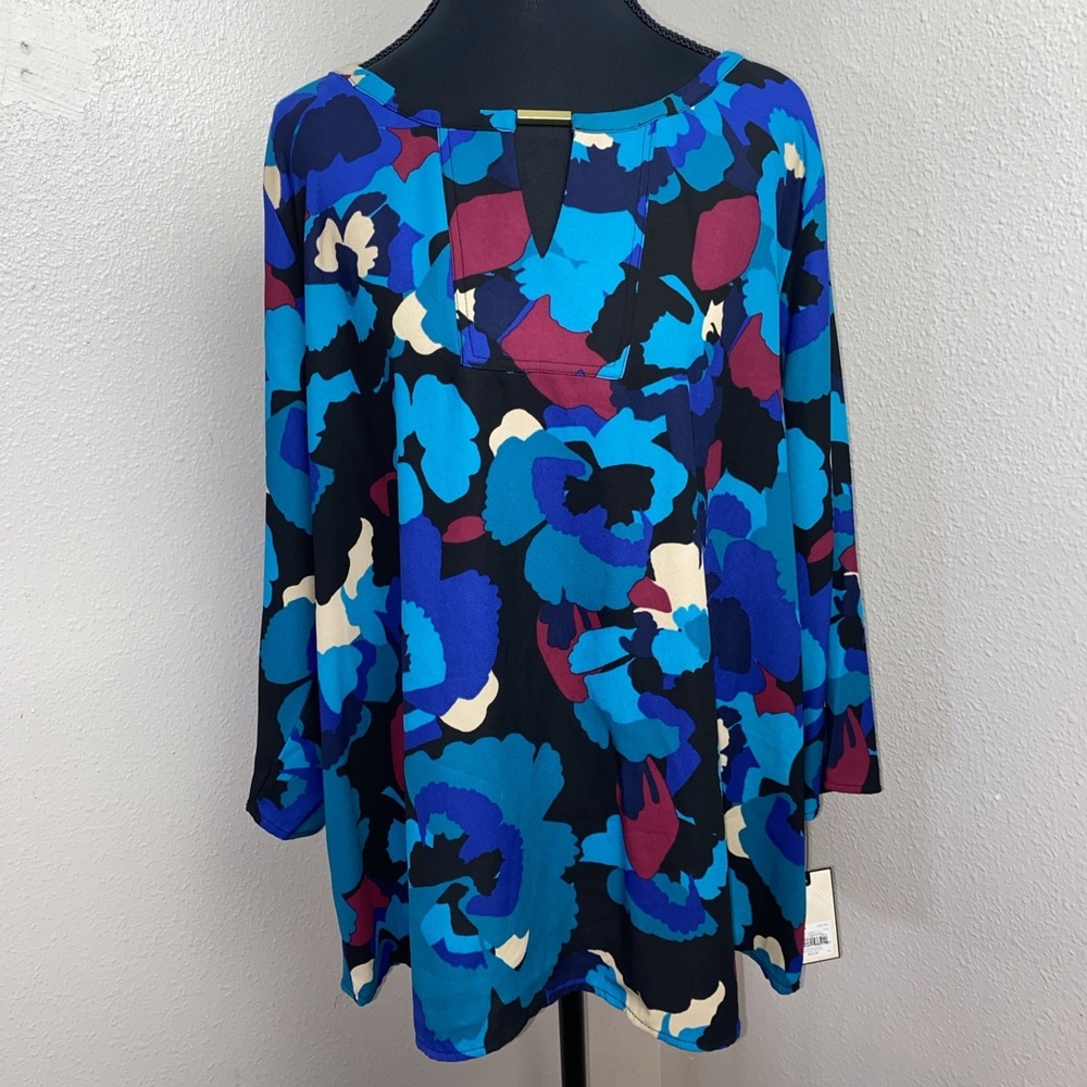 Dana Buchman Blouse Women's XXL Multicolor Floral 3/4 Sleeve Career Popover